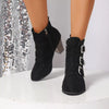 Point Toe Block Heels Boots - Black
