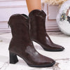 Leather Block Heel Boots - Coffee Color