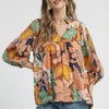 Umgee Multicolor Abstract Floral Print Blouse with Ruffle Neck - NAVY MIX