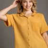 Umgee Full Size Waffle-Knit Short Sleeve Button Down Shirt Plus Size - Yellow