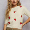 POL Round Neck Strawberry Patch Sweater with Shirring Shoulder - Cream
