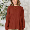 Full Size Ribbed Round Neck Slit Knit Top - Rust