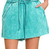 Zenana Acid Wash Fleece Drawstring Shorts With Pockets - LT TEAL