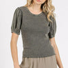 Mittoshop Mineral Wash Puff Sleeve Rib Knit Top - Charcoal