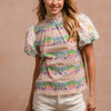 BiBi Ruffle Neckline Blouse With Embroidery Bubble Sleeve - MULTI