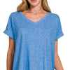 Zenana Soft Melange Hacci V-neck Tee - OCEAN BLUE