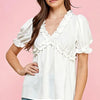 Lime 'N' Chili Solid Ruffled Deep V-Neck Puff Sleeve Babydoll Top - IVORY