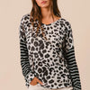 BiBi Leopard Hacci Knit Twist Back Top With Stripe Sleeve - LEOPARD/BLACK