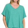 Zenana Ribbed V-Neck Short-Sleeve Knit Top - LT TEAL