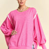 Davi & Dani Side Slit High-Low Lantern Sleeve Knit Top - Fuchsia Pink