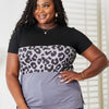 Double Take Leopard Print Color Block Short Sleeve T-Shirt - Black