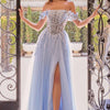 Andrea & Leo A1512 Light Blue Off-Shoulder Floral Applique Tulle Gown with Slit - Light Blue