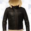 B3 Black Bomber Real Shearling Leather Jacket Removable Hooded - Black