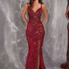 Ladivine CC498 Radiating Glamour Thigh High Slit Formal Gown - Deep Red