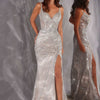 Ladivine CC498 Radiating Glamour Thigh High Slit Formal Gown - Silver/Nude