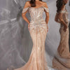 Ladivine CD654 Off Shoulder Glitter Fitted Corset Bodice Mermaid Gown - Gold
