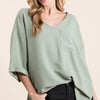 BiBi Flowy Woven V-Neck Top with Rolled Up Cuffs - SAGE