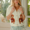BiBi Teddy Bear With Bow Patched Sweater Button Down Top - CREAM