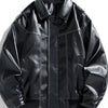 Men's Plus Size Leather Bomber Jacket - Black