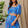 Davi & Dani Smocing Bodice Puff Short Sleeve Printed Crop Top - OCEAN BLUE