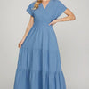 She + Sky Surplice Short Sleeve Tiered Maxi Dress With Pockets - Cerulean