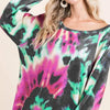 BiBi Tie Dye Print Terry Top with Puff Sleeves - FUCHSIA/CHARCOAL