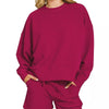 Zenana Ribbed Round Neck Pullover and Shorts Set - CABERNET