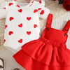 Children's Heart Print Ruffle Trim Bodysuit and Dress Set with Headband - Red
