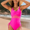 Drawstring Ruched V-Neck One-Piece Swimwear - Hot Pink