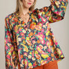 Umgee Full Size Satin Paisley Ruffle Neck Button-Up Shirt Plus Size - Lime