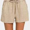 Zenana Washed Frayed Hem Drawstring Shorts - Ash Mocha