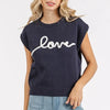 Mittoshop Contrast Letter Round Neck Cap Sleeve Knit Top - Dark Navy