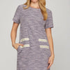 She + Sky Full Size Short Sleeve Pearl Studded Trim Knit Tweed Dress Plus Size - Lilac