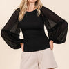 Mittoshop Mixed Media Textured Knit Chiffon Long Sleeve Top - Black