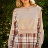And The Why Full Size Double Layered Plaid Contrast Sweatshirt - Taupe