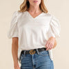 And The Why Plain Satin Puff Shirring V Neck Blouse Top - WHITE