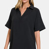 Zenana Full Size Texture Collared Neck Short Sleeve Top - Black