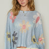POL Flower Dropped Shoulder Long Sleeve Knit Top - Baby Blue