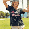 BiBi Laser Cut Mineral Washed America Print Top - BLACK CHARCOAL