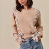 SO ME Checkered Plaid Tape Lace Up Ribbed Sweater - TAUPE