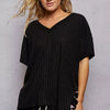 POL Ribbed Knit V-Neck Short Sleeve T-Shirt - Black