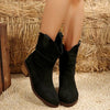 Suede Western Block Heel Ankle Boots - Black