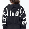 American Bazi Letter Graphic Long Sleeve Drawstring Cropped Hoodie - Black