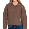 Zenana Ribbed Collared Zip Up Sweater Cardigan - BROWN
