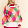 Davi & Dani Exposed Seam Color Block Dropped Shoulder Sweater - Pink Orange