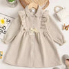 Children's Ruffled Bow Collared Neck Dress - Beige