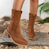 Suede Block Heel Western Boots - Caramel