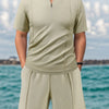 Men's Full Size Zip Front Short Sleeve Top and Shorts Set Plus Size - Apricot