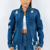 American Bazi Distressed Button Up Long Sleeve Denim Jacket - Blue