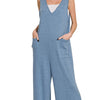 Zenana French Terry Deep V Neck Jumpsuits - DUSTY BLUE